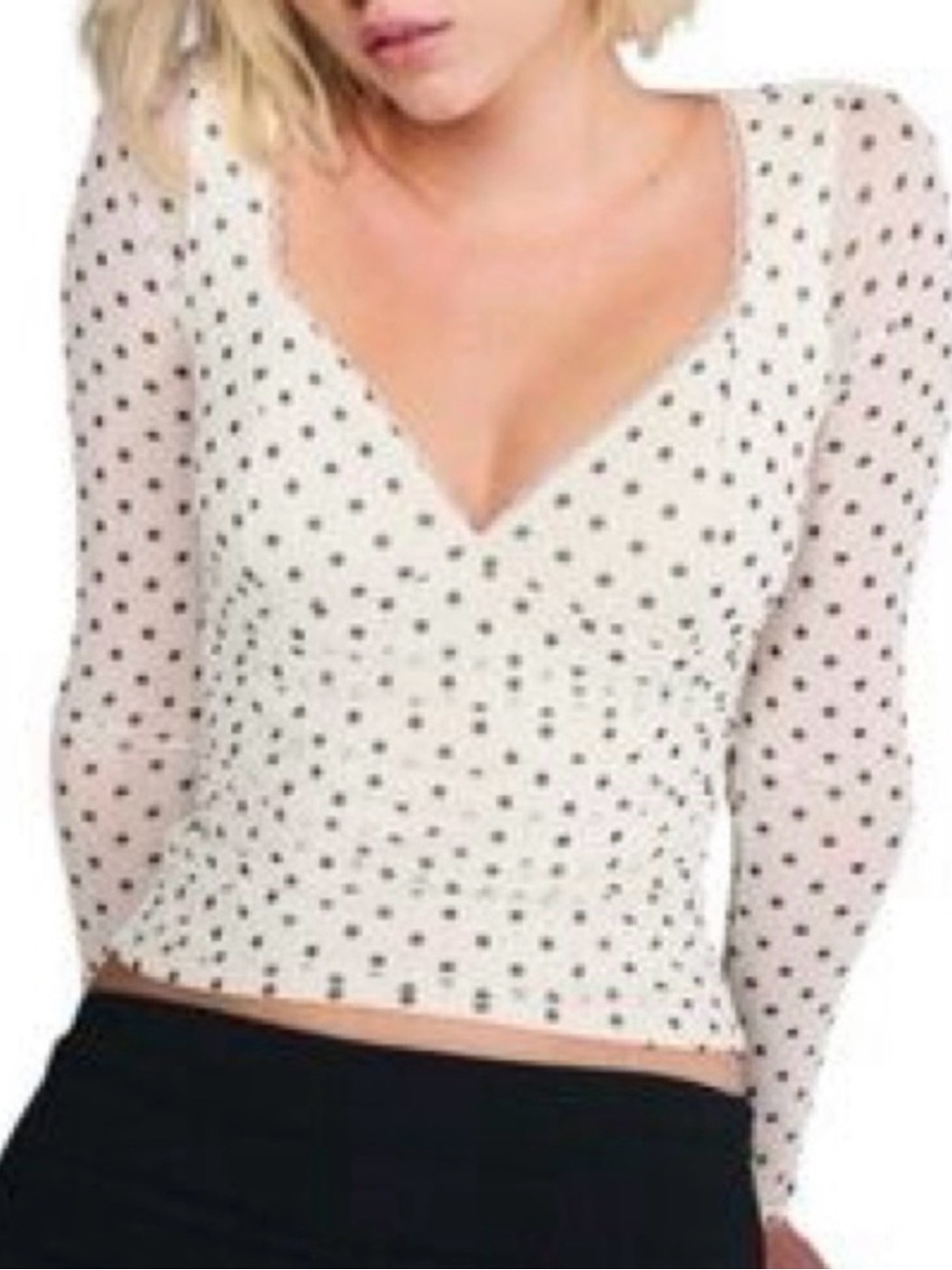 White Sheer Polka Dot V-Neck Long Sleeve Top